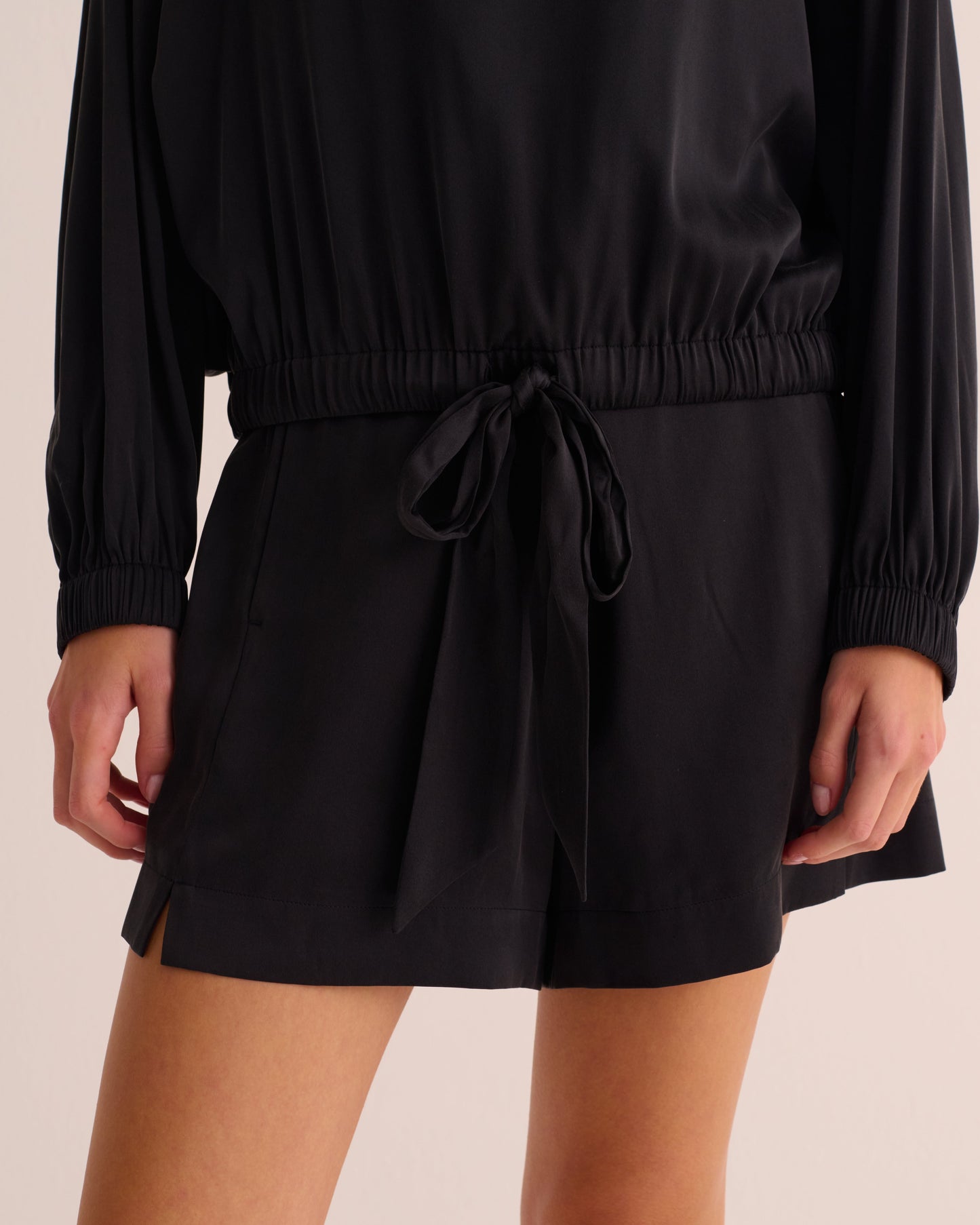 Black Washable Organic Stretch Silk Tie-Waist Sweatshirt -