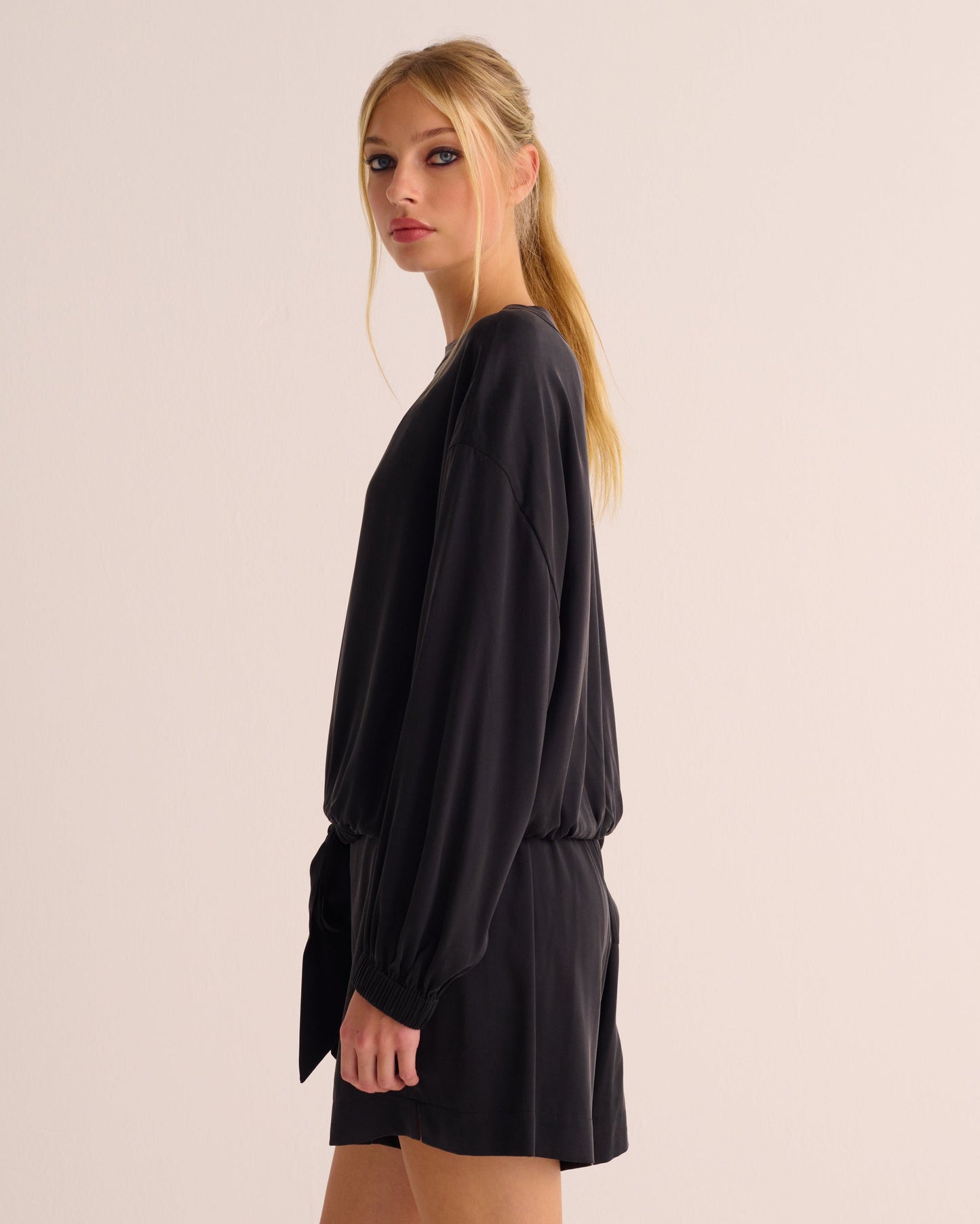Black Washable Organic Stretch Silk Tie-Waist Sweatshirt -