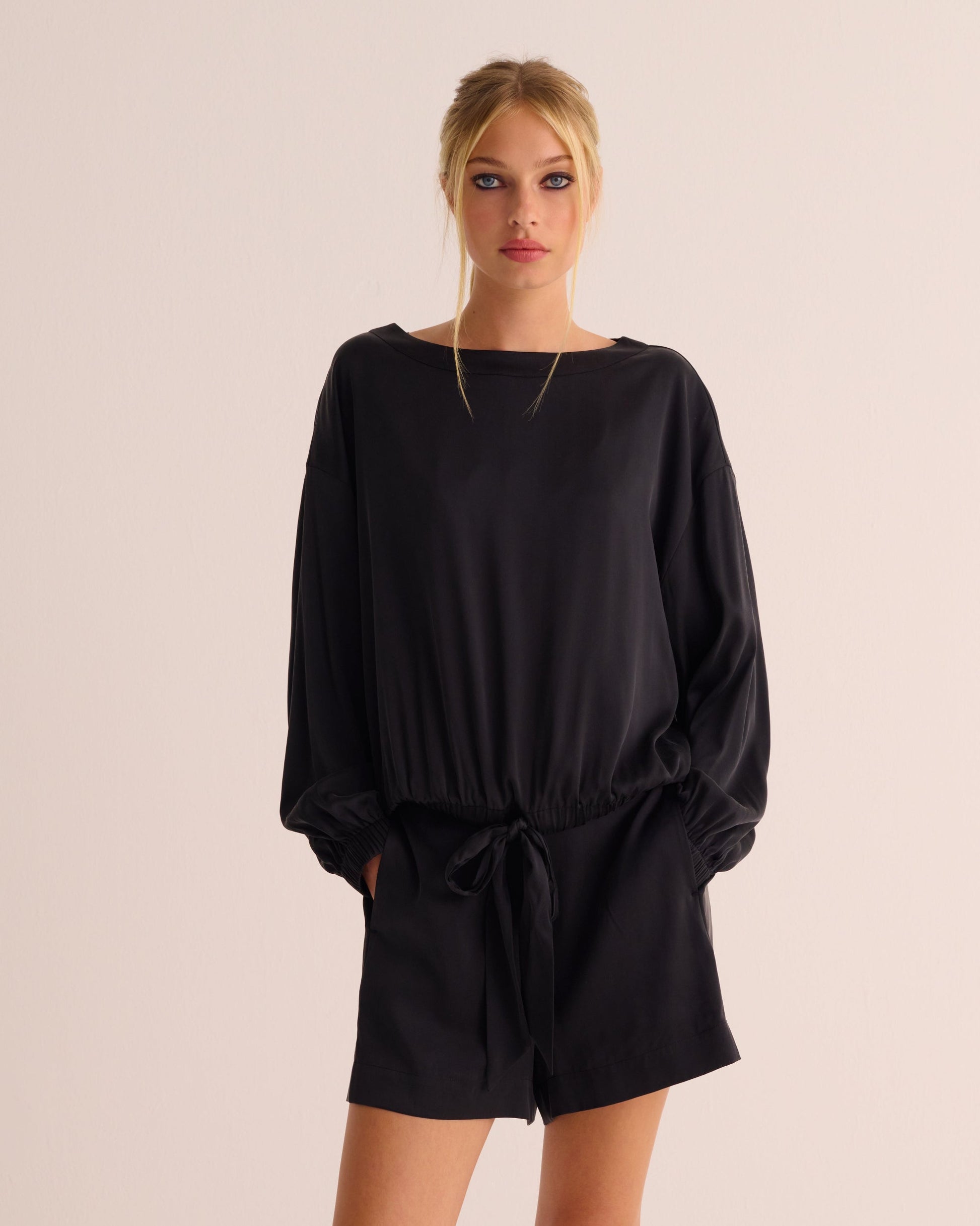 Black Washable Organic Stretch Silk Tie-Waist Sweatshirt -