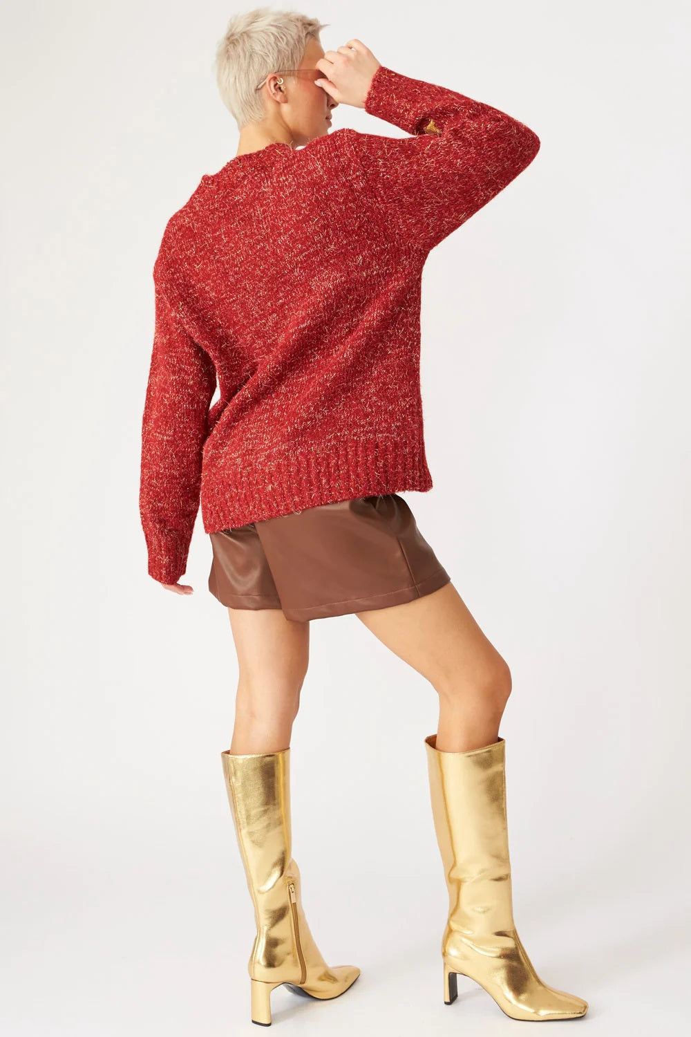 Red Glitter Christmas Jumper with Deer Embroidery - Tops