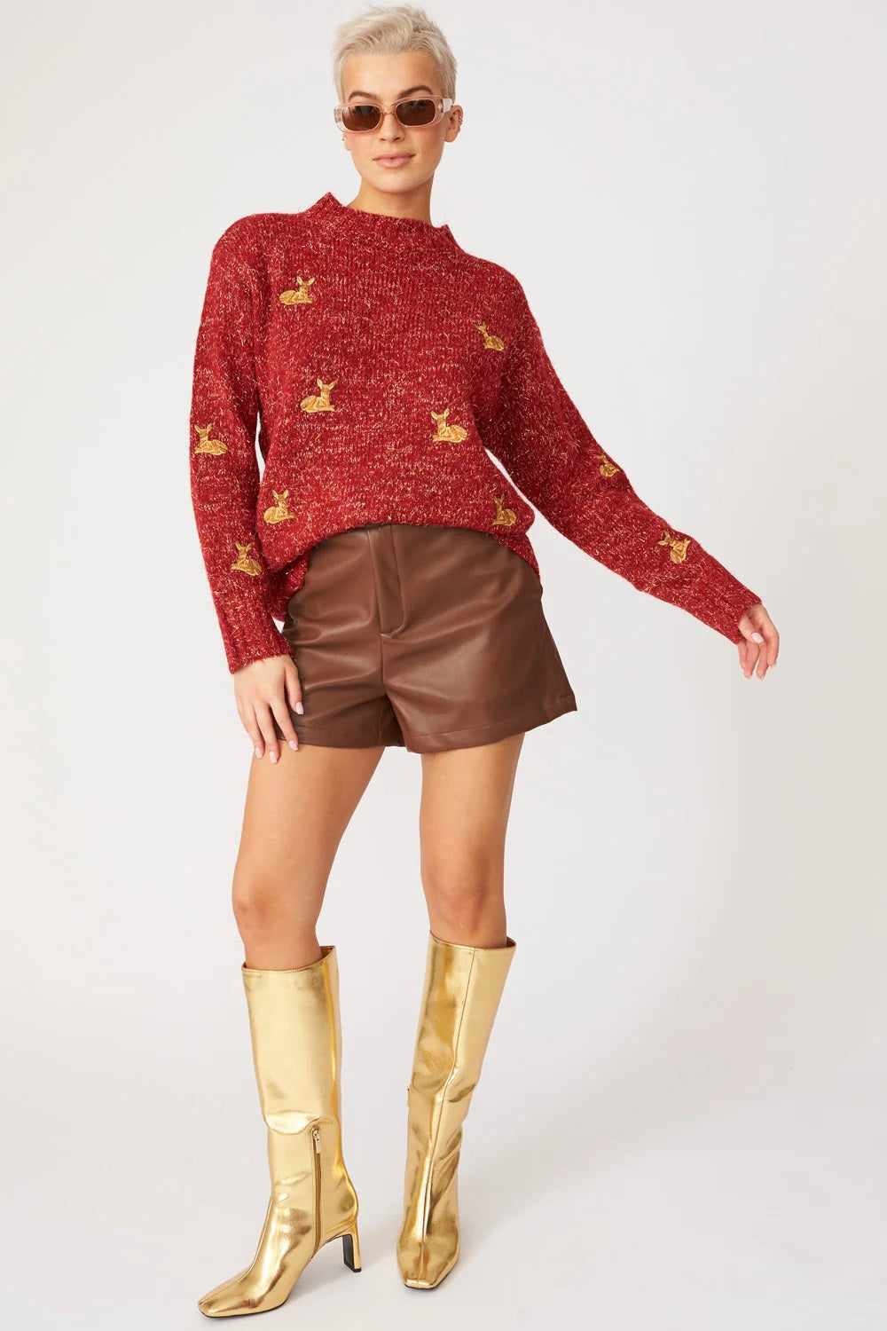 Red Glitter Christmas Jumper with Deer Embroidery One Size Red Banana Peel - Tops