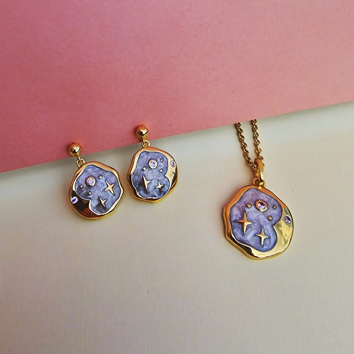Pink Opal and Pearl Enamel Starry Night Gold Necklace - Necklaces