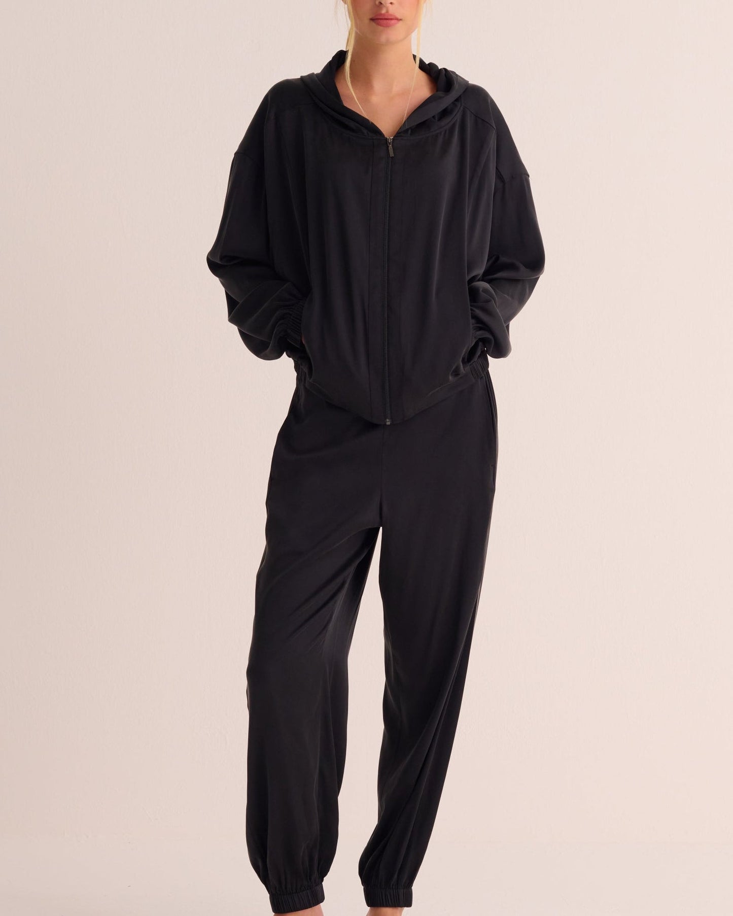 Black Washable Organic Stretch Silk Bomber Jacket -