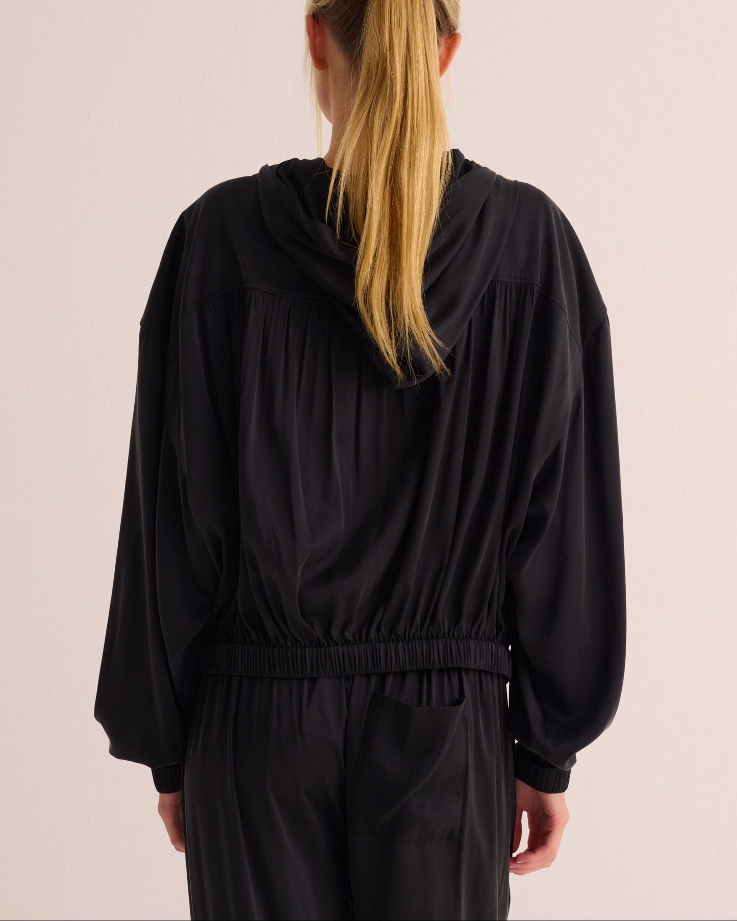 Black Washable Organic Stretch Silk Bomber Jacket -