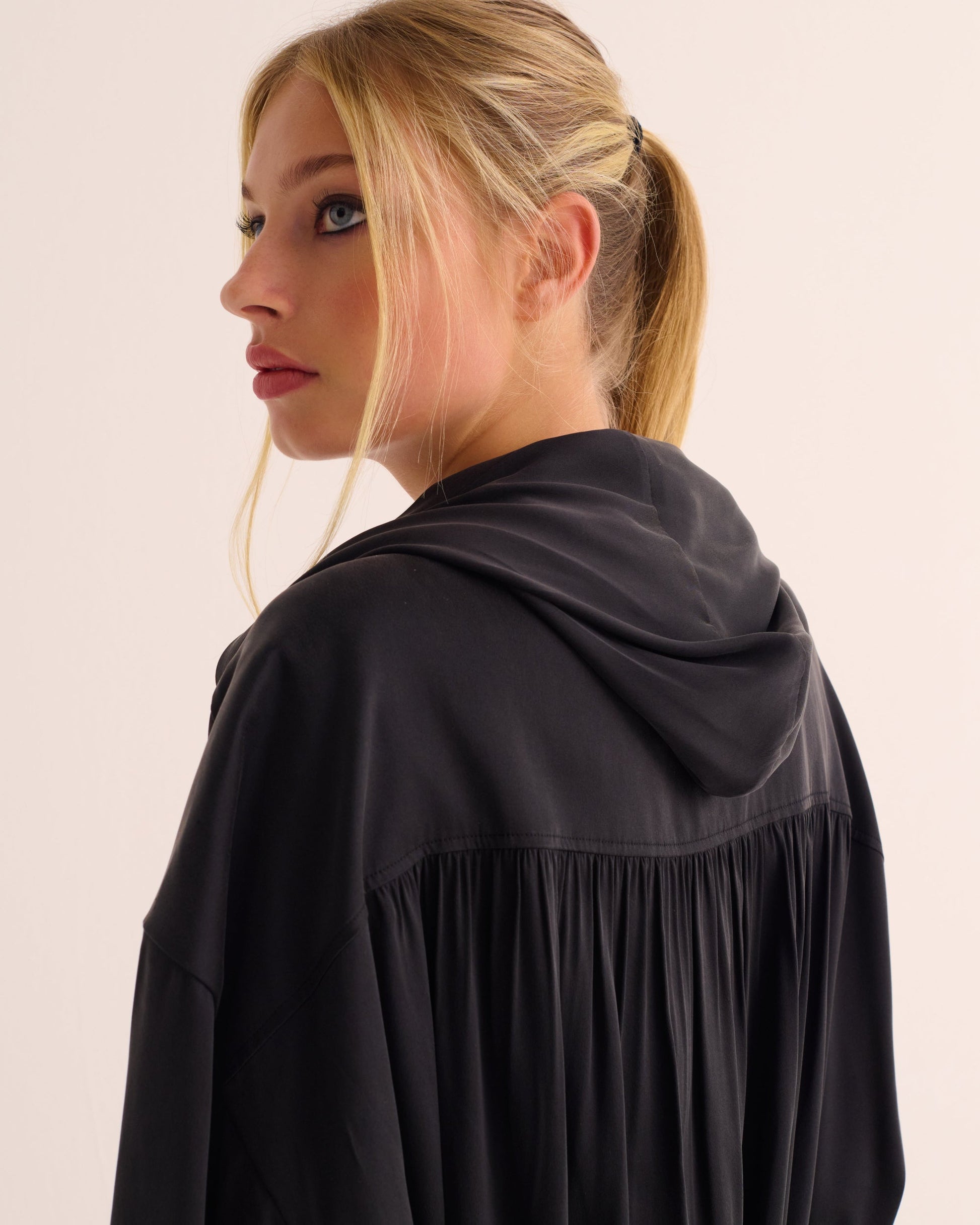 Black Washable Organic Stretch Silk Bomber Jacket -