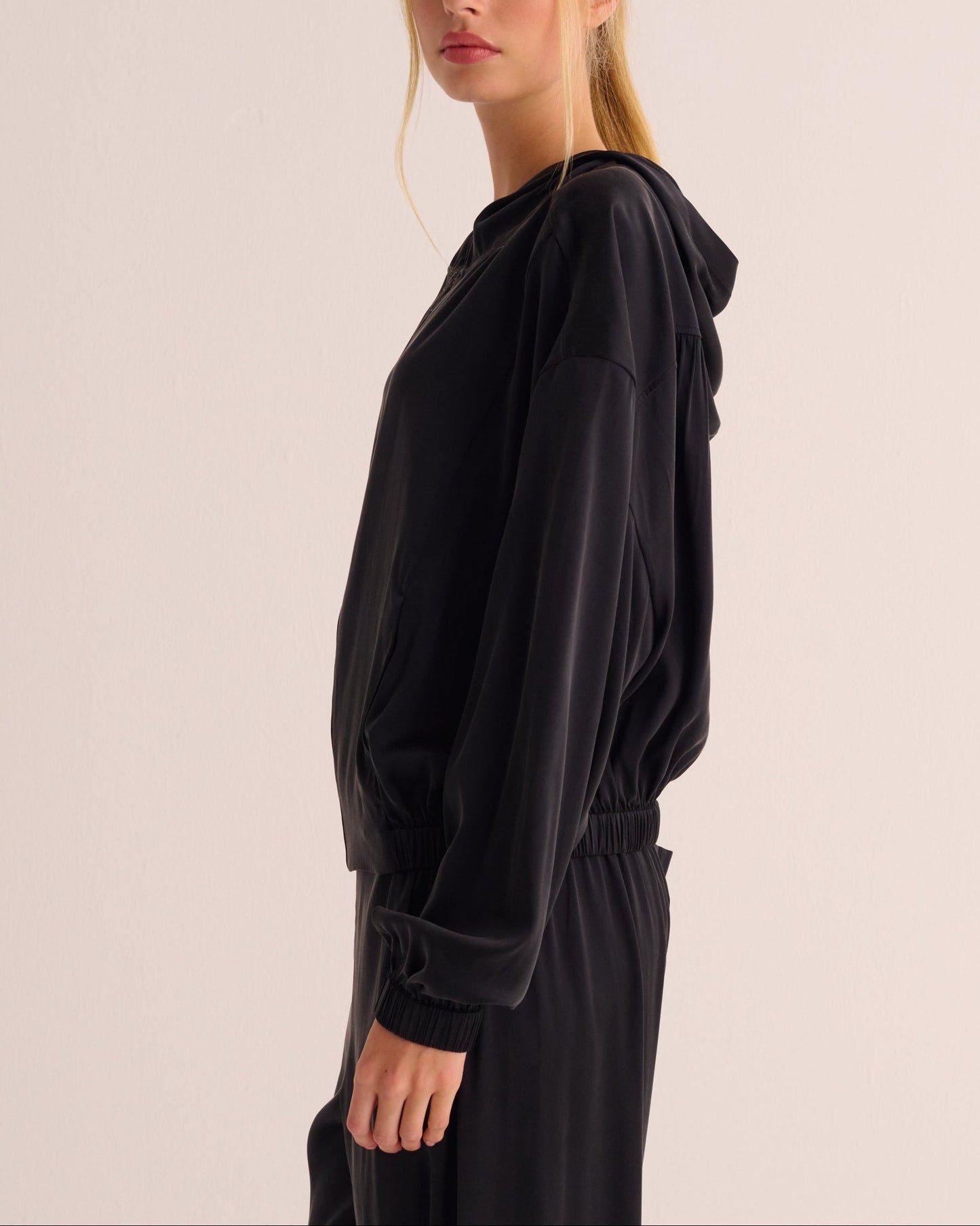 Black Washable Organic Stretch Silk Bomber Jacket -