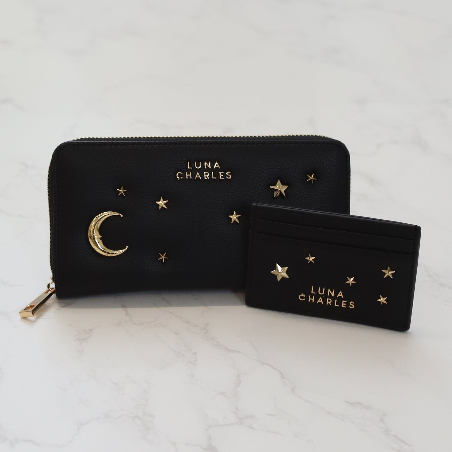 Tala Star Studded Card Holder - Black & Gold - Purse