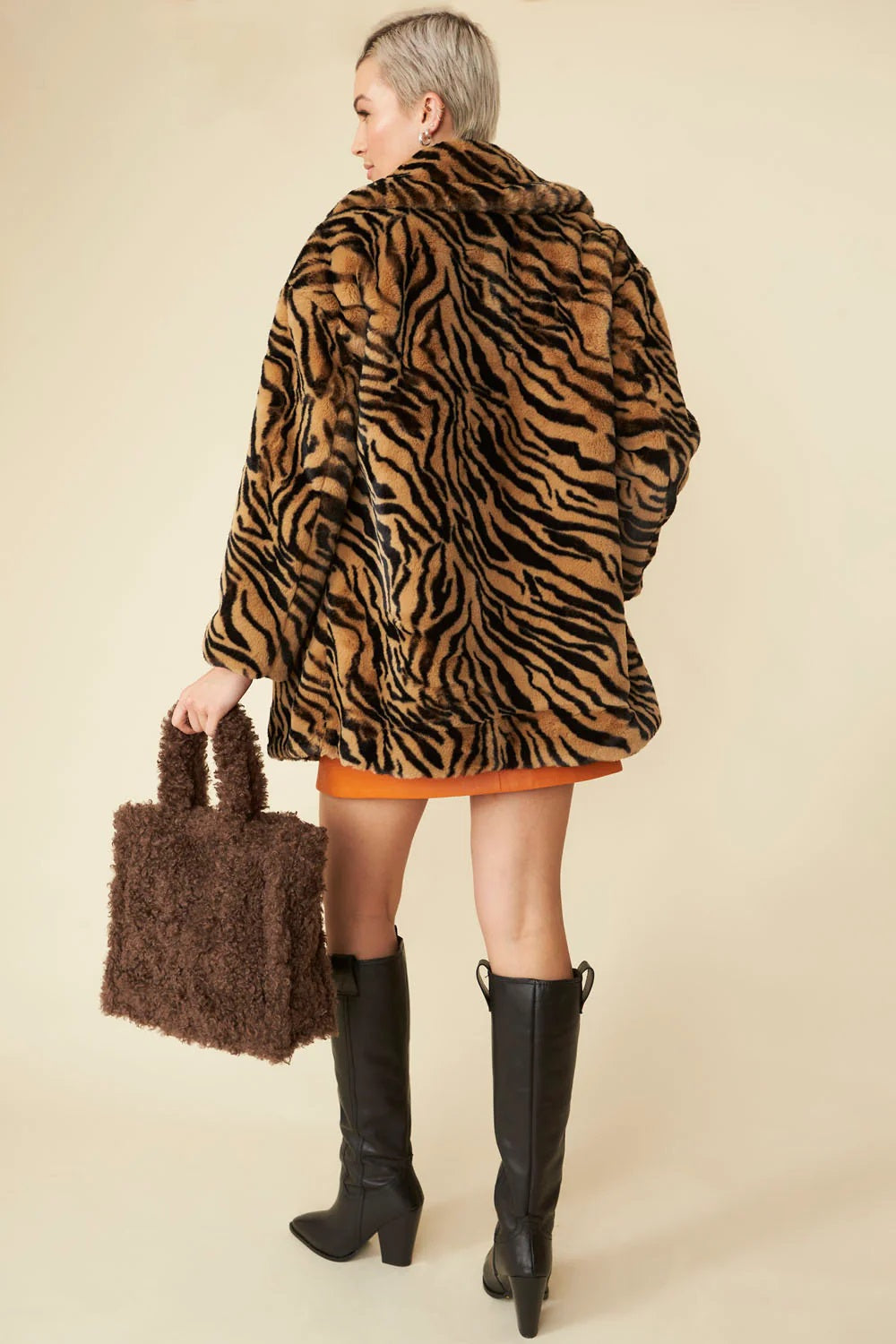 Tiger Print Mocha Faux Fur Midi Coat - Faux Fur Coats
