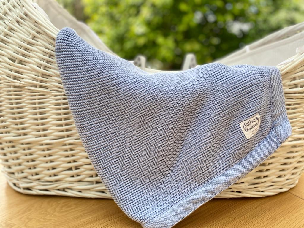 Misty Blue Organic Cotton Knitted Baby Blanket – 100 X 80cm - Receiving Blankets