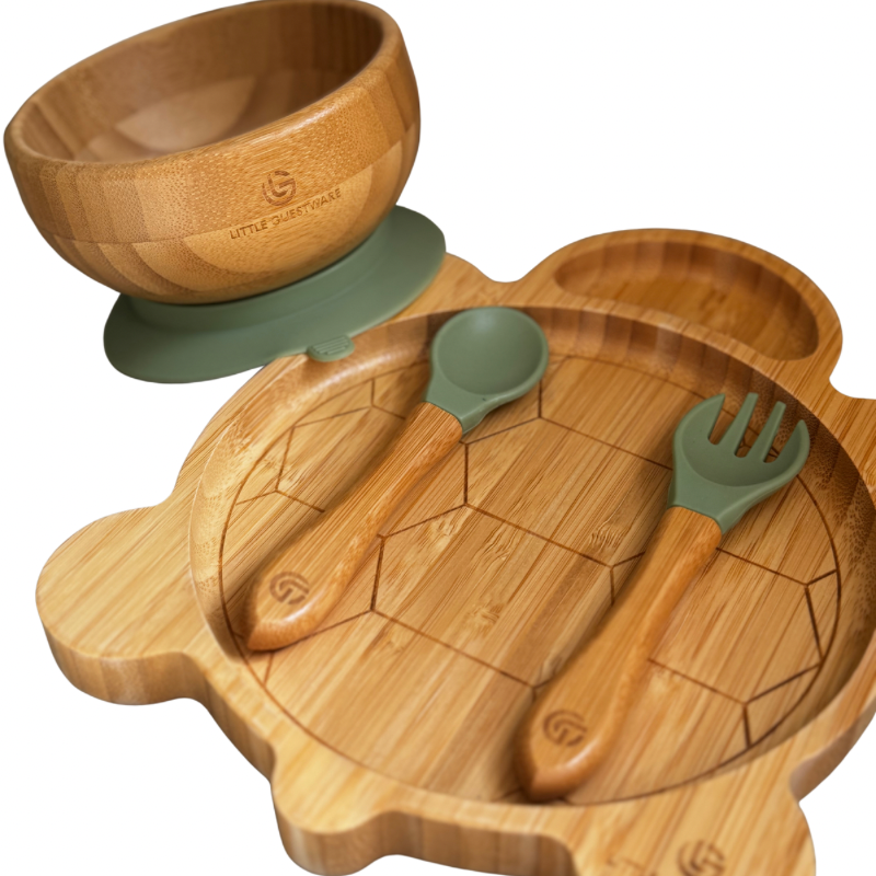 Turtle Bamboo Feeding Set - Plate, Bowl, Spoon & Fork Gift Set - Feeding Essentials