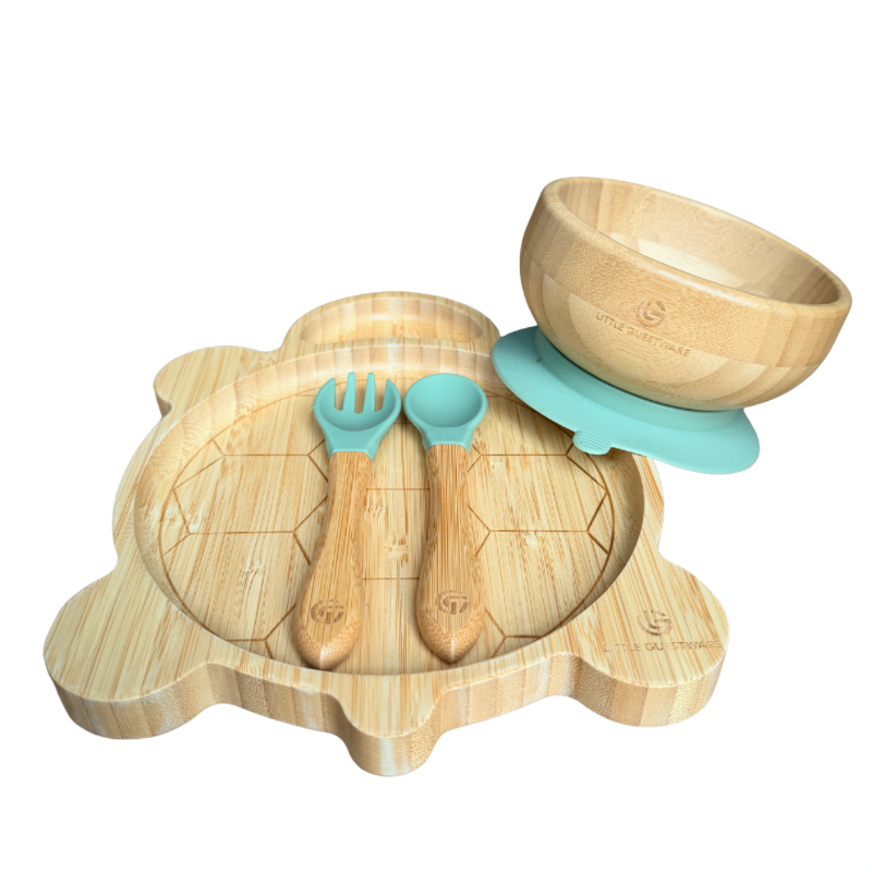 Turtle Bamboo Feeding Set - Plate, Bowl, Spoon & Fork Gift Set - Feeding Essentials