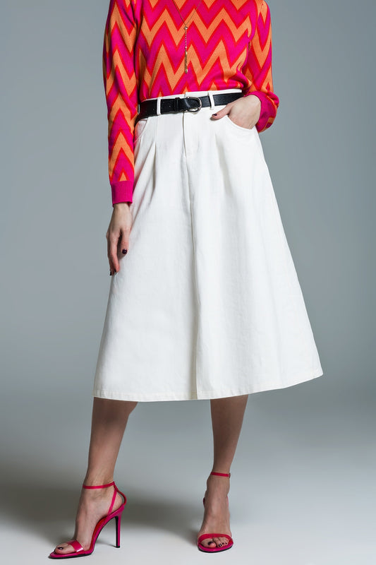 A line Midi White Skirt With Pockets in White - Skirts