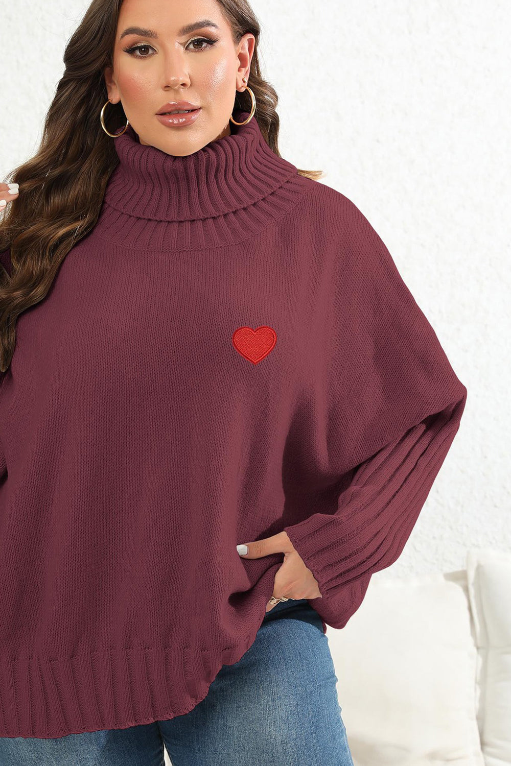 Plus Size Turtle Neck Jumper with Heart Patch - Sweaters
