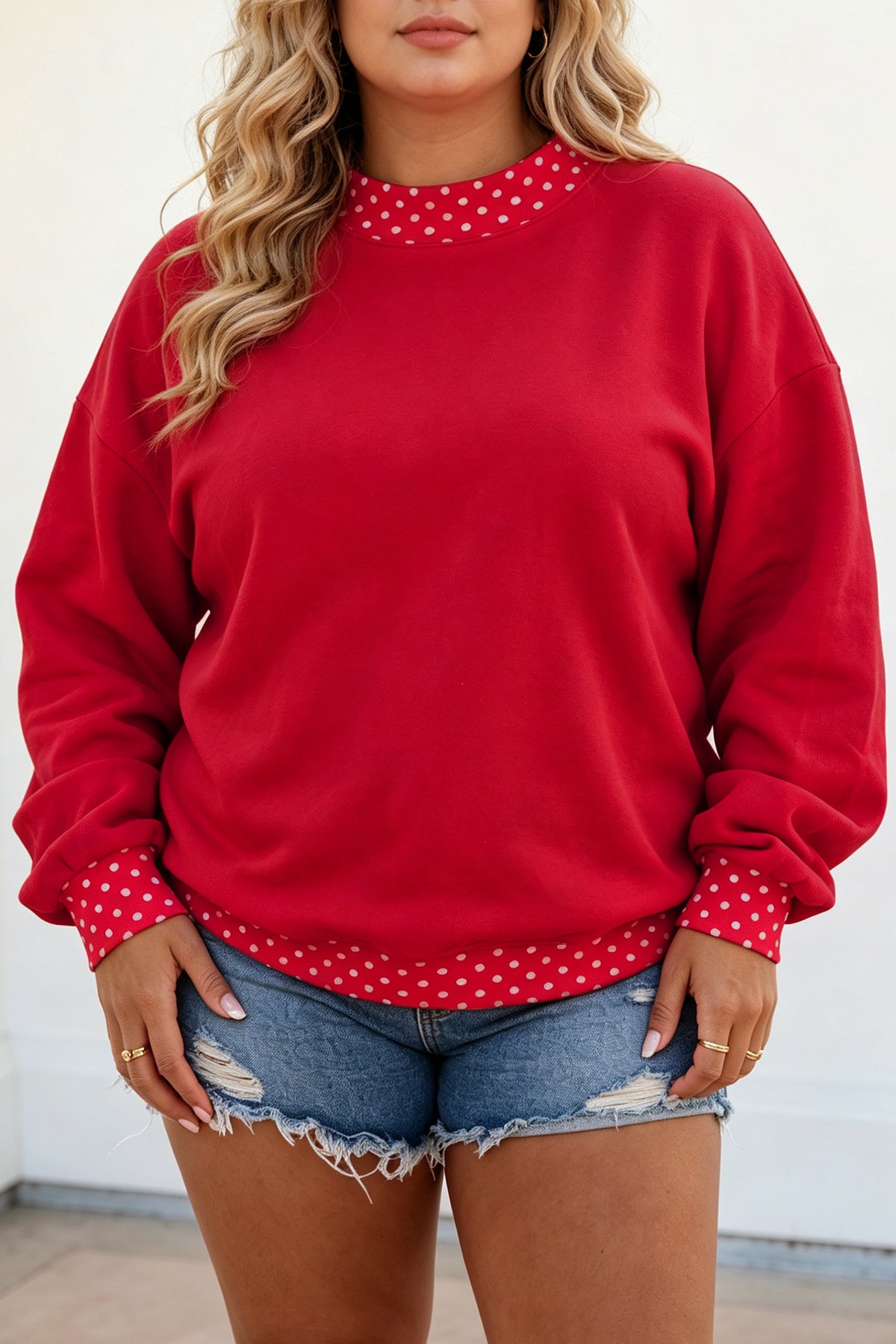 Tillandsia Purple Polka Dot Patchwork Round Neck Plus Size Sweatshirt - Plus Size/Plus Size Sweatshirts & Hoodies