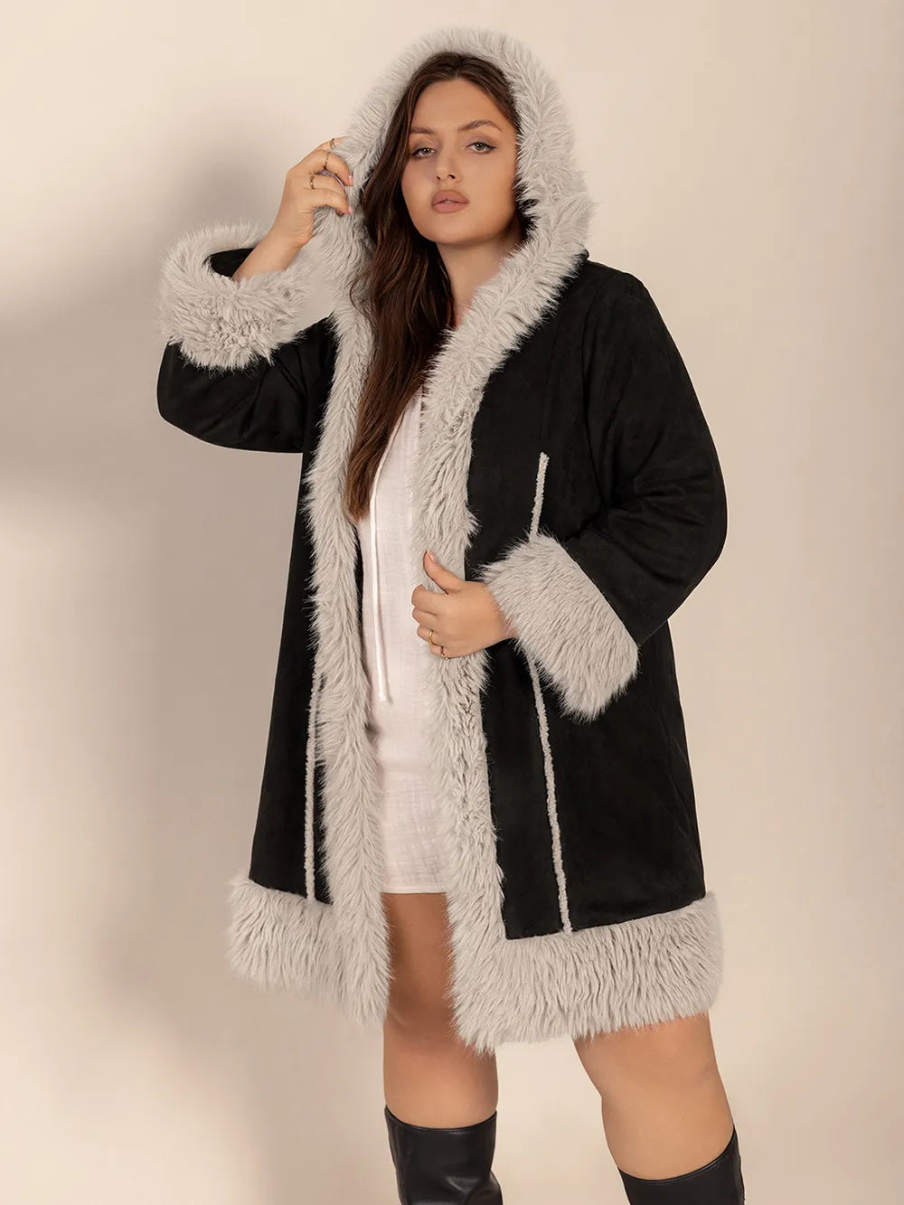 Plus Size Fuzzy Trim Open Front Long Sleeve Hooded Coat -
