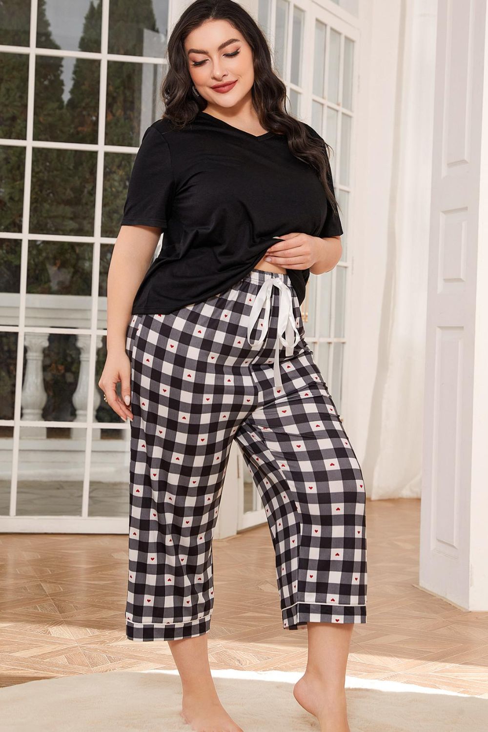 V-Neck Tee and Plaid Cropped Pants Lounge Set - Loungewear