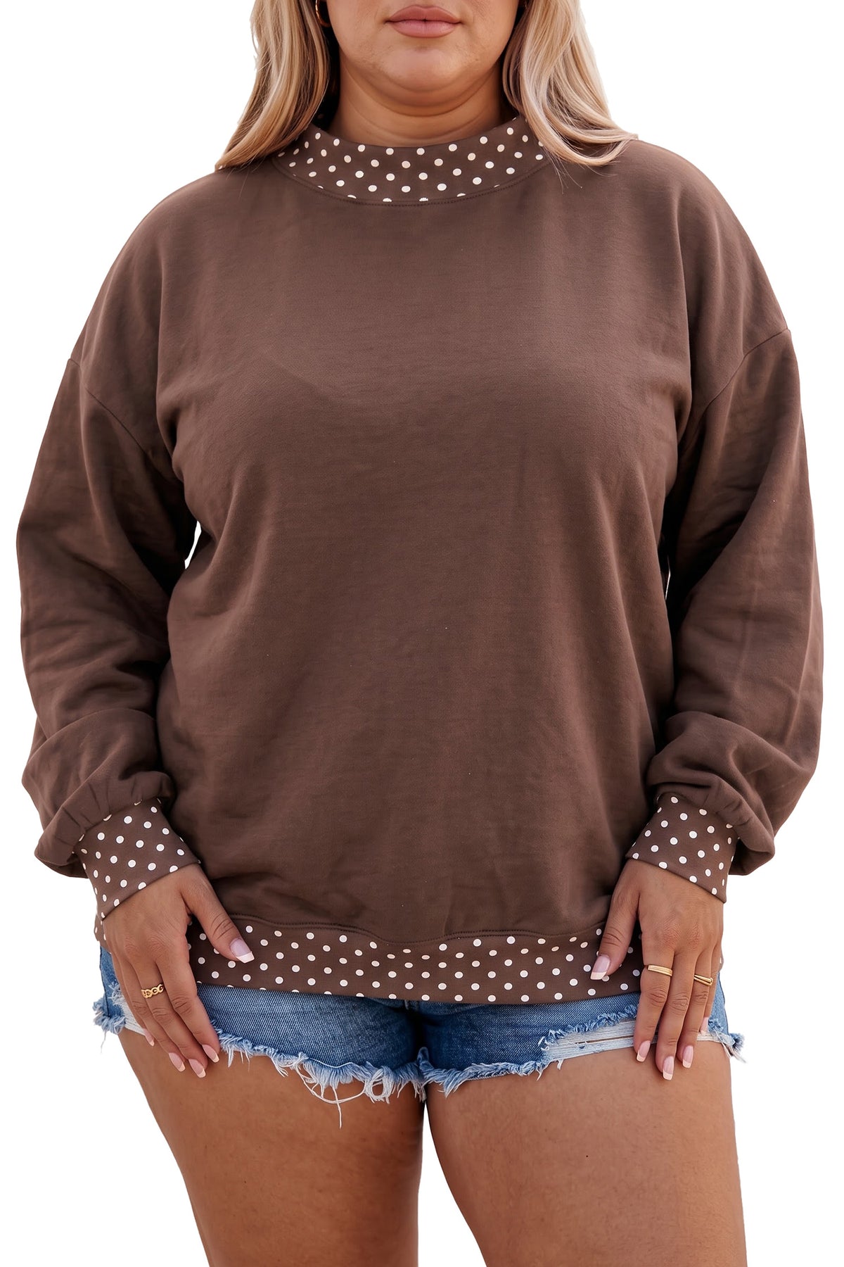 Tillandsia Purple Polka Dot Patchwork Round Neck Plus Size Sweatshirt - Plus Size/Plus Size Sweatshirts & Hoodies
