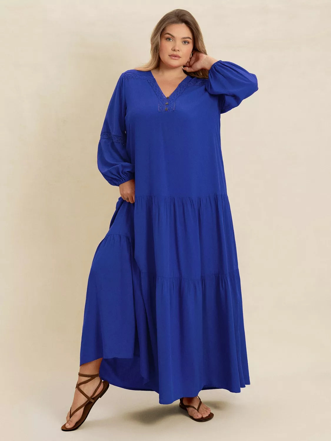 Plus Size Bohemian Tiered Maxi Dress with Balloon Sleeves - Dresses