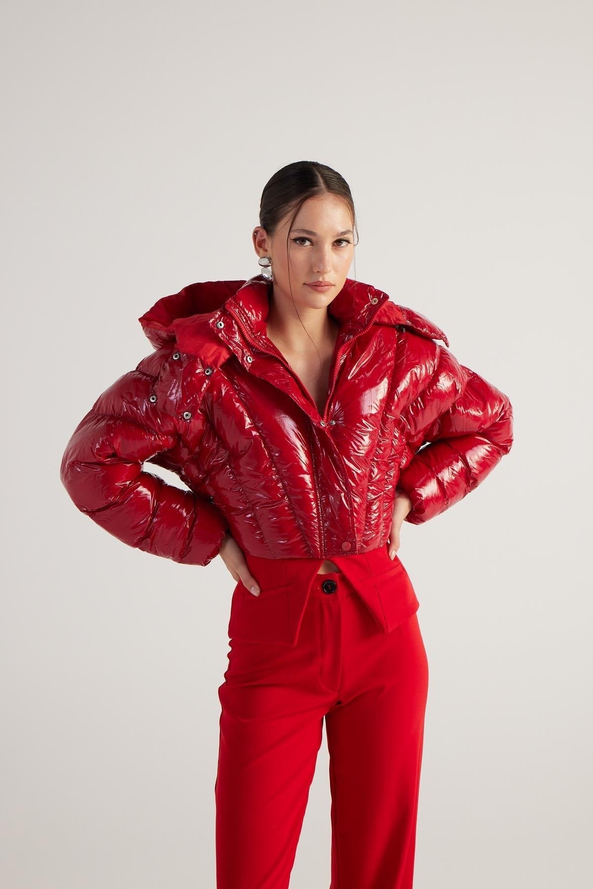 Aida Red Puffer Hooded Jacket - Jackets & Blazers