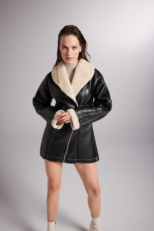 Monero Black Vegan Faux Leather Coat with Fur Lining Black Polyester - Faux Leather Coats