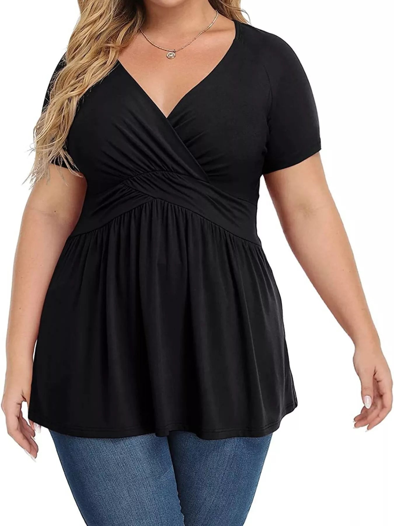 Plus Size Surplice Short Sleeve T-Shirt Black -
