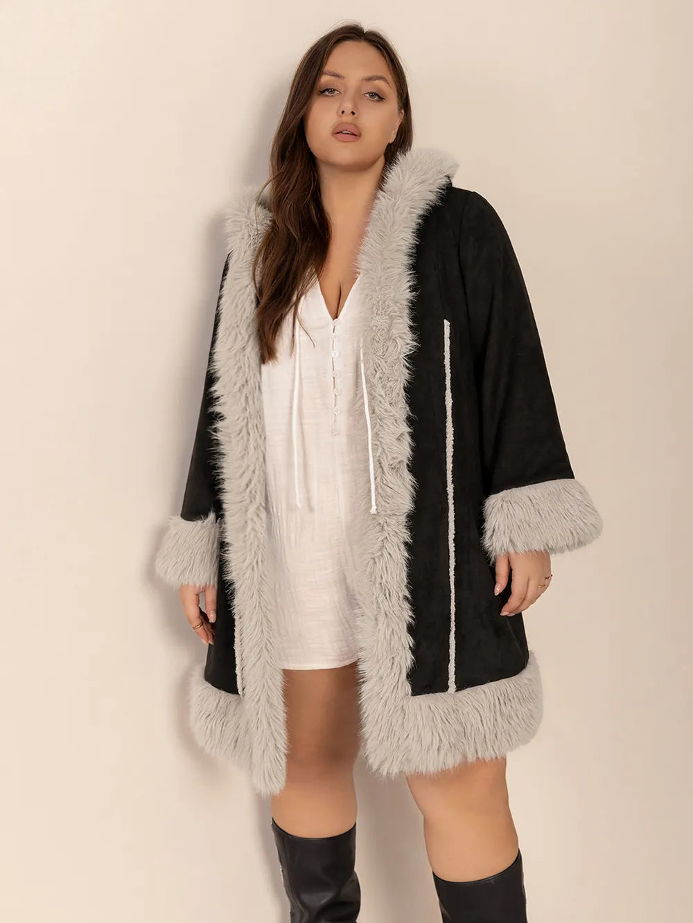 Plus Size Fuzzy Trim Open Front Long Sleeve Hooded Coat -
