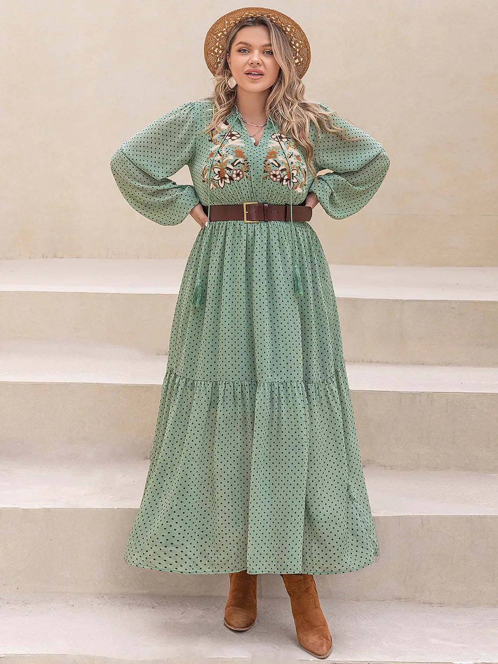 Plus Size Tassel Printed Tie Neck Long Sleeve Midi Dress -