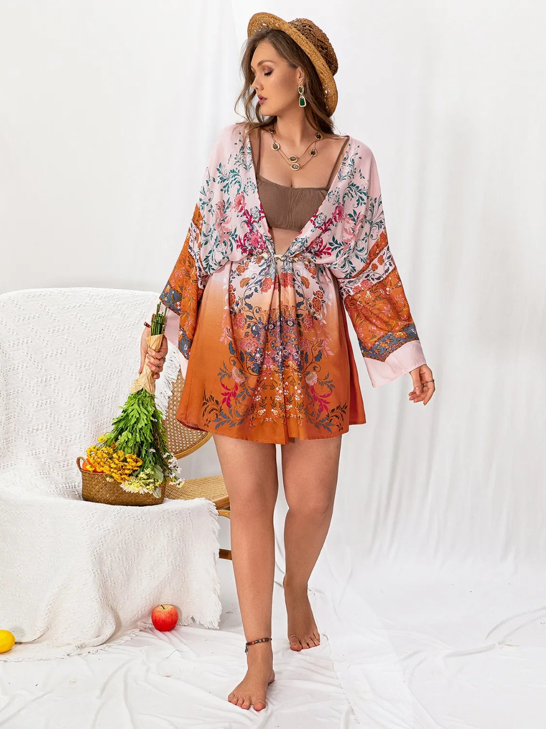 Plus Size Tied Open Front Printed Cover Up - Beach Wrap