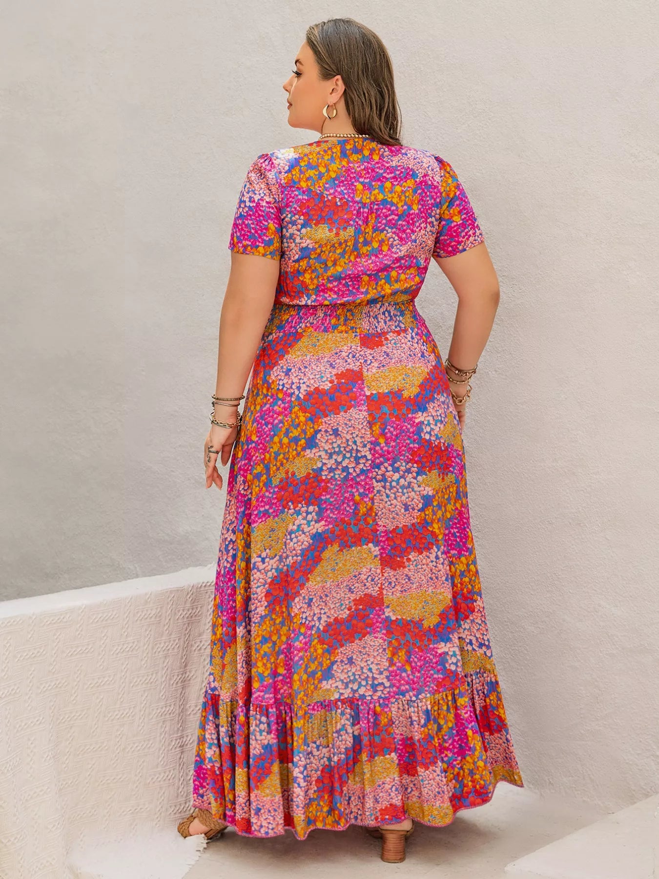 Plus Size Printed V-Neck Short Sleeve Maxi Dress - Dresses