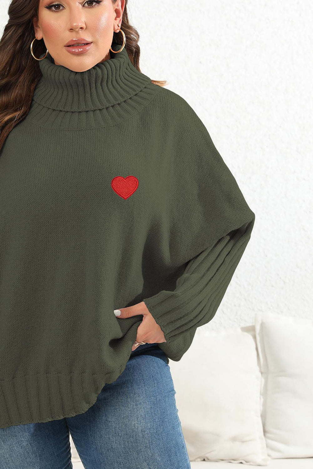 Plus Size Turtle Neck Jumper with Heart Patch - Sweaters