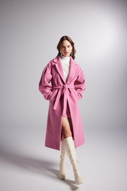 Belted Single Buttoned Maxi Pink Cashmere Mira Trench Coat - Trench Coats