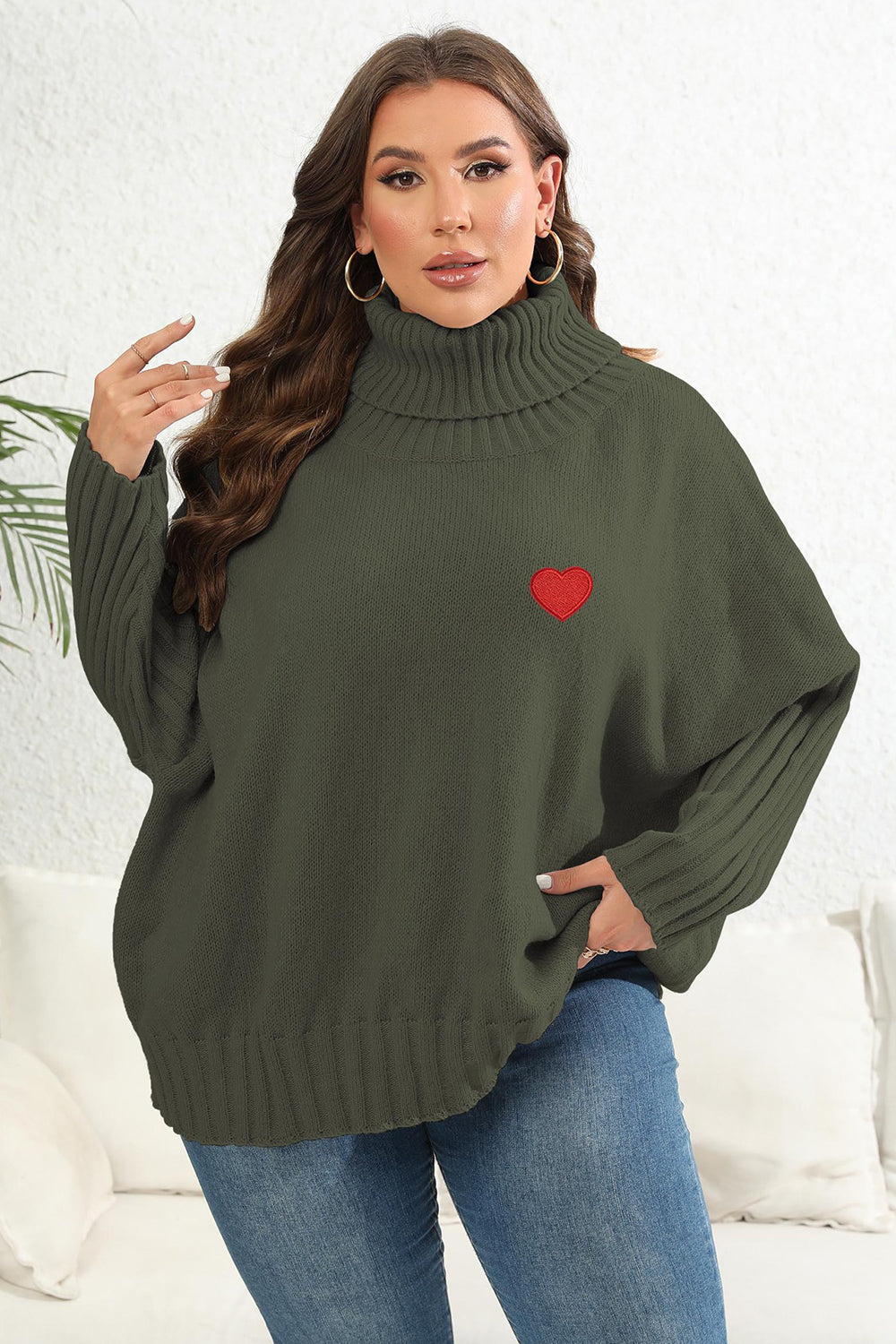 Plus Size Turtle Neck Jumper with Heart Patch Army Green - Sweaters