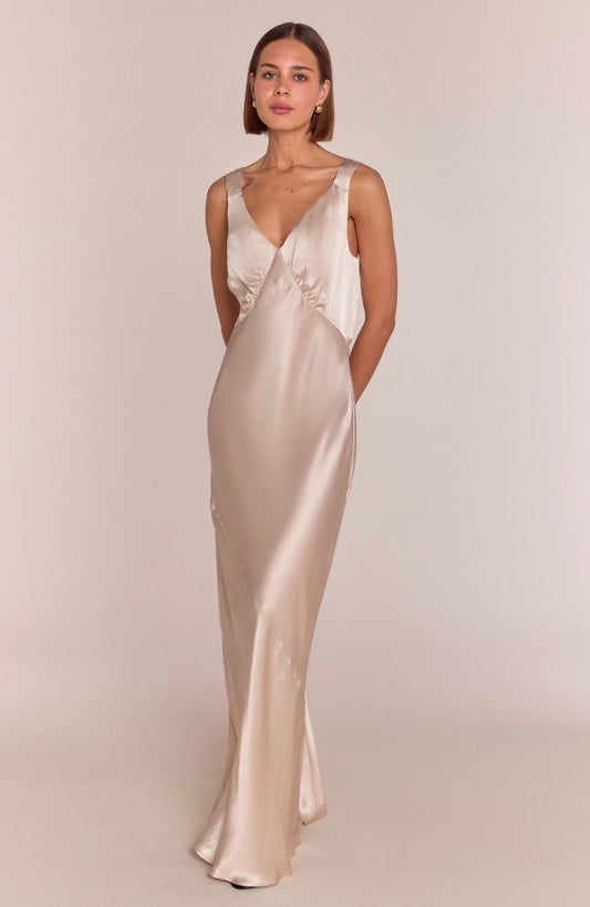 Amelia Elegant Style Dress in Champagne Satin - Dresses