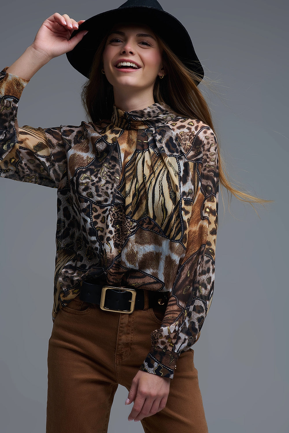 animal print chiffon shirt with gold details - Shirts