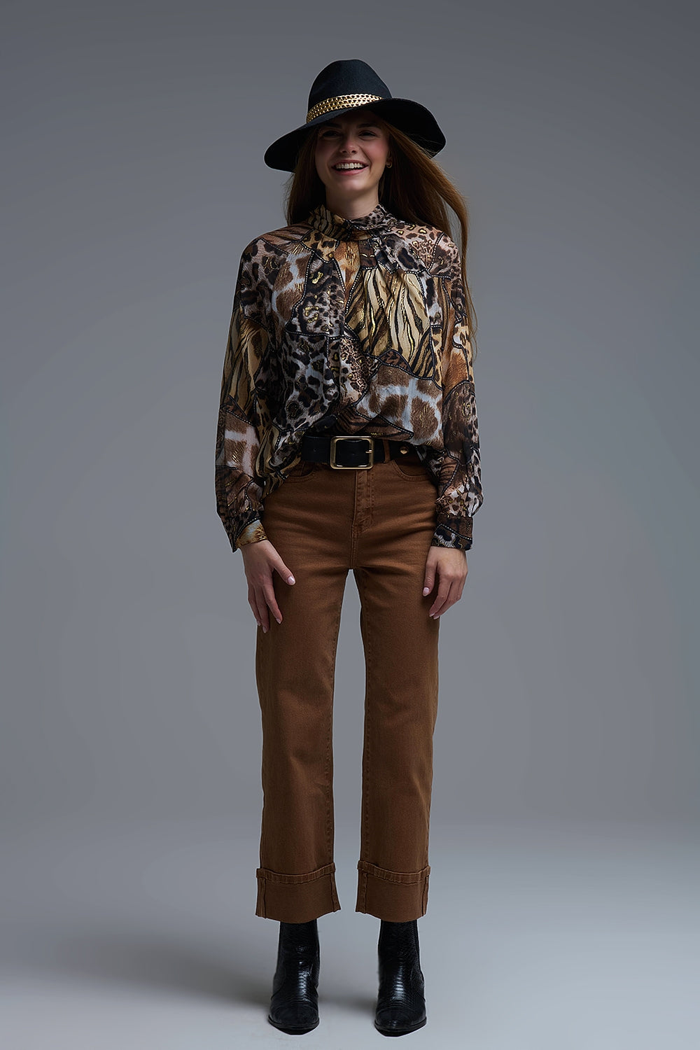 animal print chiffon shirt with gold details - Shirts