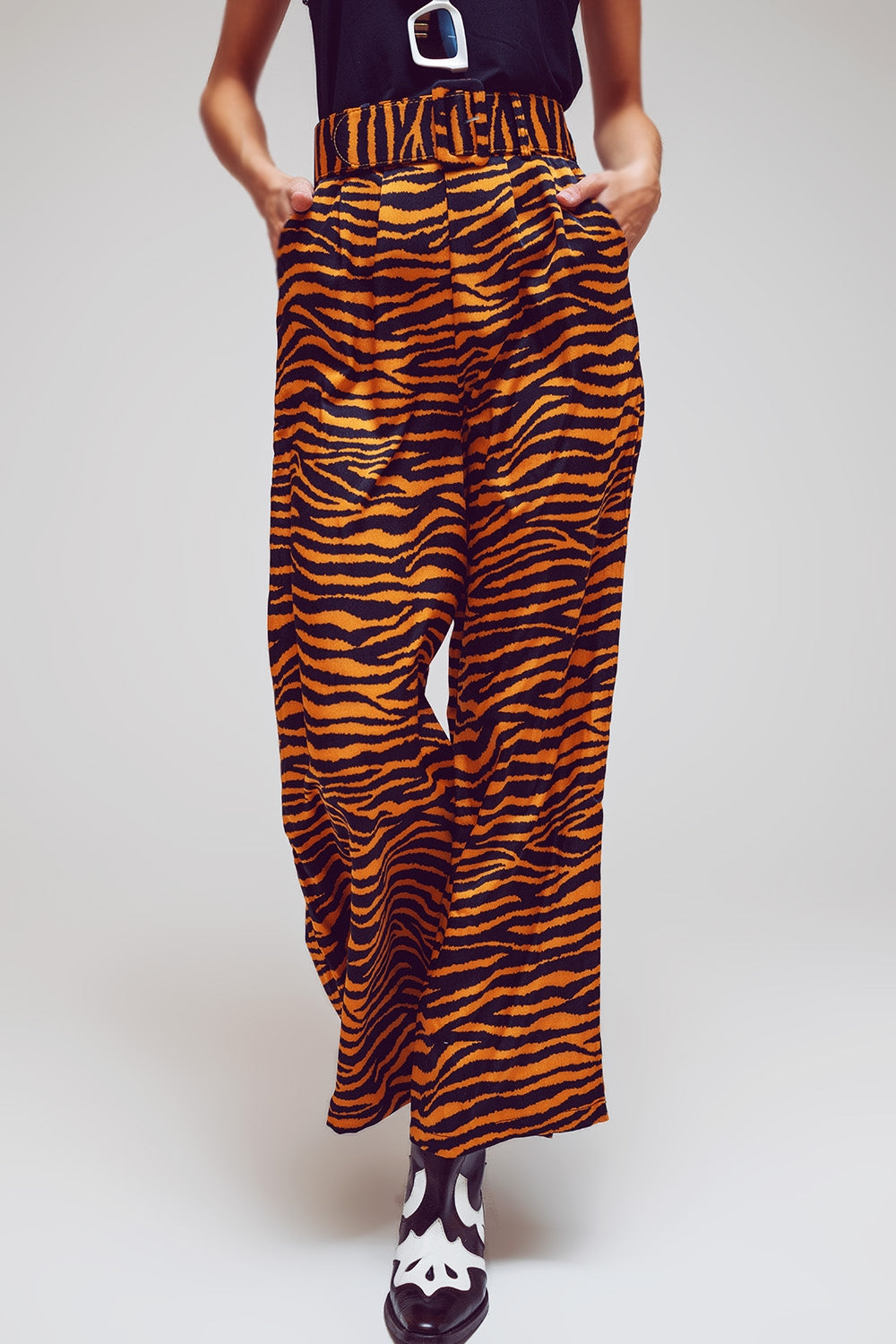 Animal Print Straight Leg Pants With Wide Buckle Belt - Trousers