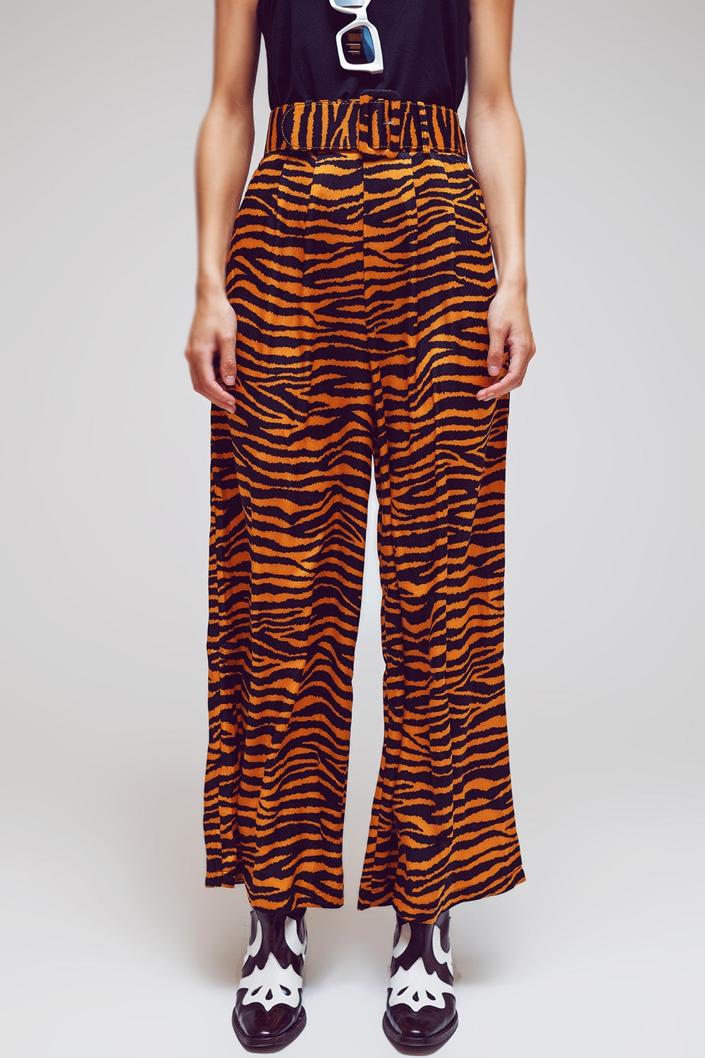 Animal Print Straight Leg Pants With Wide Buckle Belt - Trousers