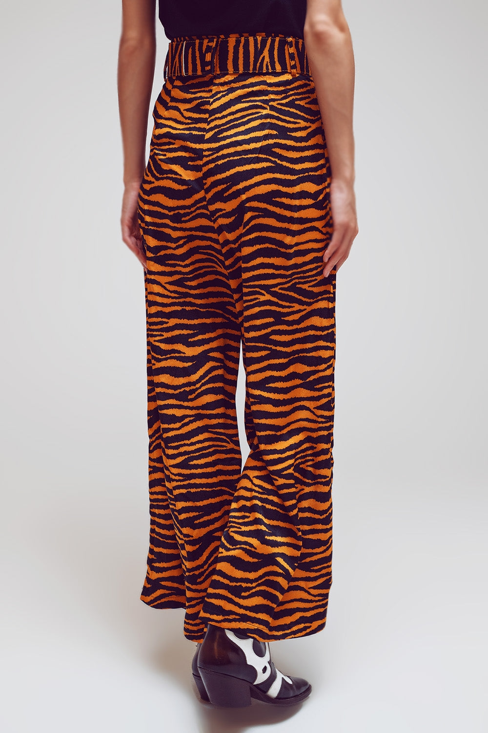 Animal Print Straight Leg Pants With Wide Buckle Belt - Trousers