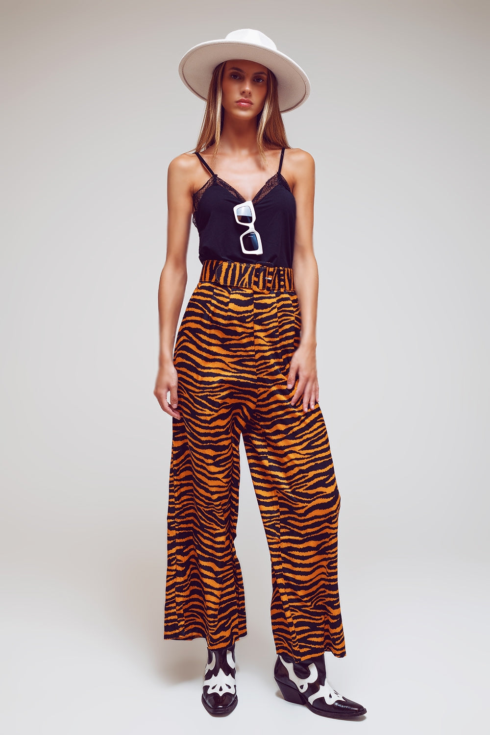 Animal Print Straight Leg Pants With Wide Buckle Belt - Trousers