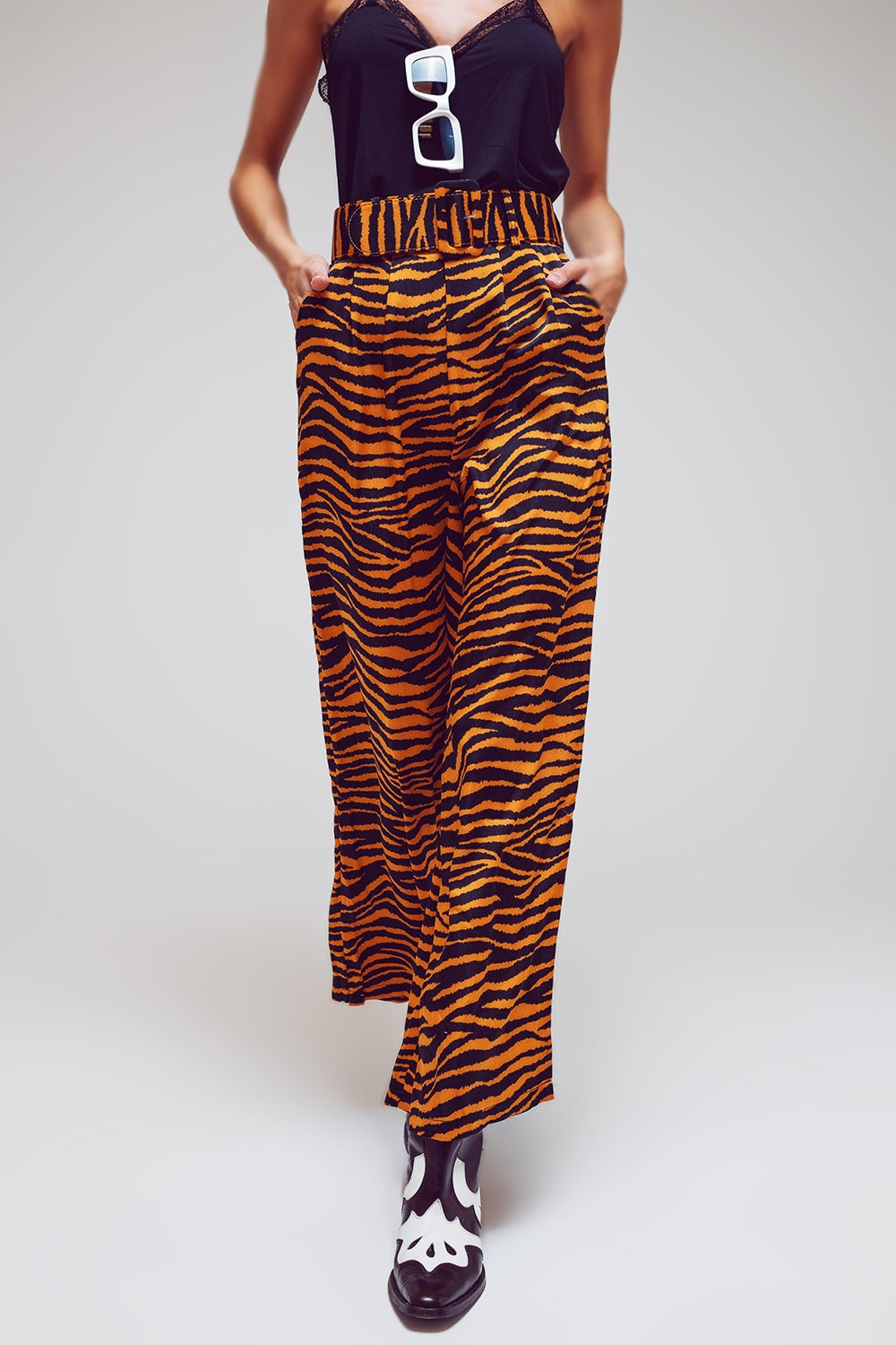 Animal Print Straight Leg Pants With Wide Buckle Belt - Trousers