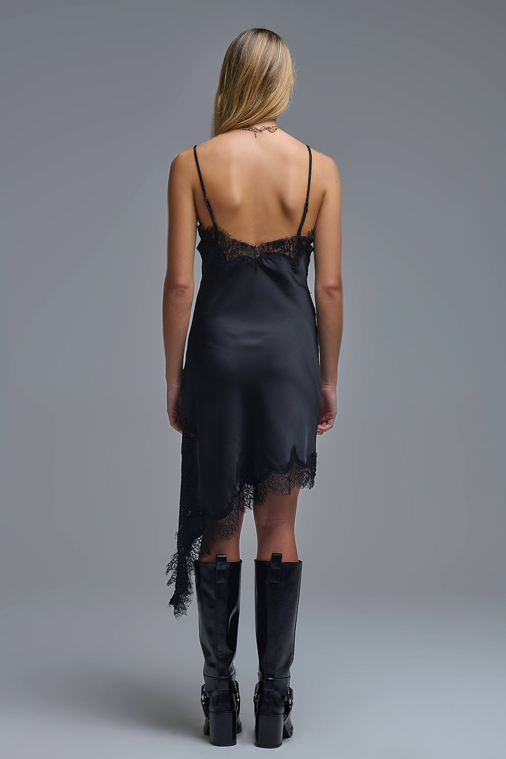 Asymetrical Satin Lace Dress in black - Dresses