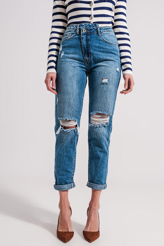 Asymmetric button detail jeans in mid blue - Jeans