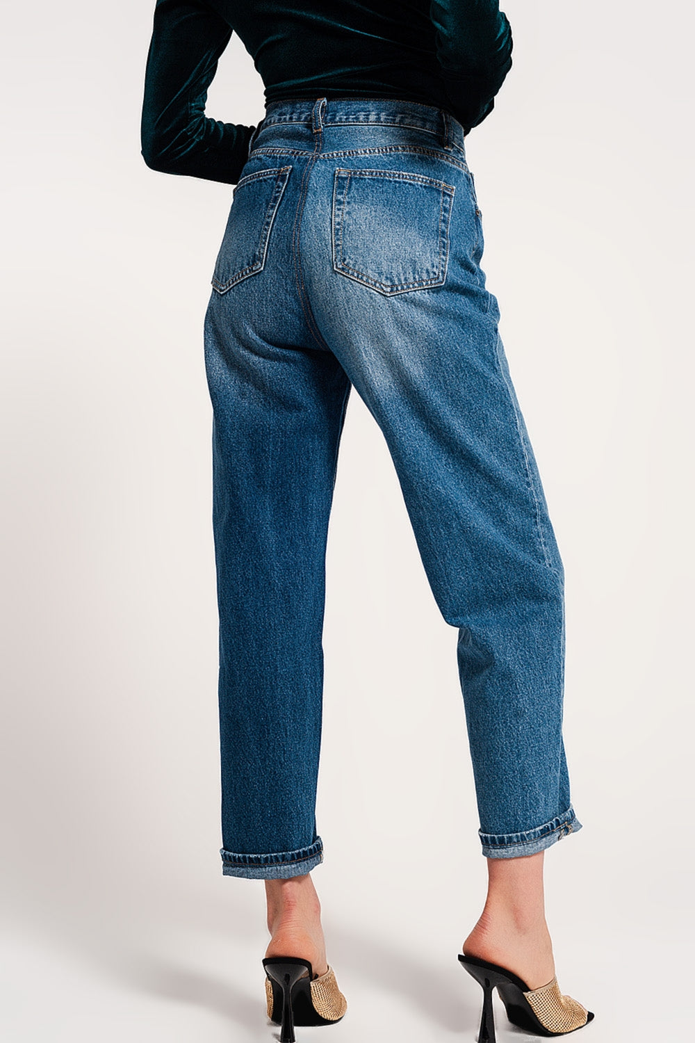Asymmetric button detail straight jeans in mid blue - Jeans