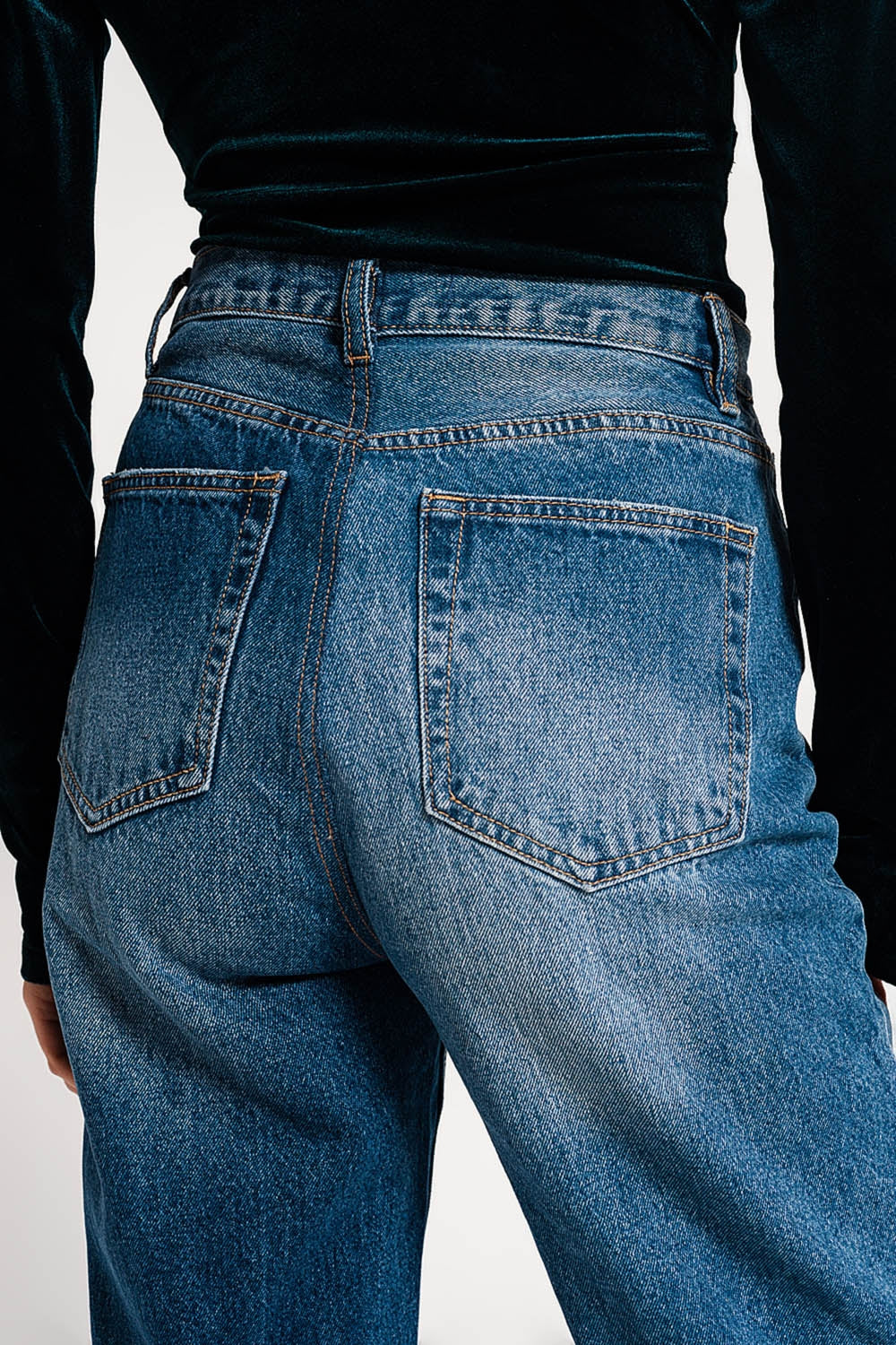 Asymmetric button detail straight jeans in mid blue - Jeans