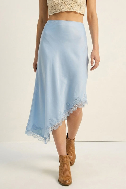 Baby Blue Satin Asymmetric Lace Trim Skirt - Skirts