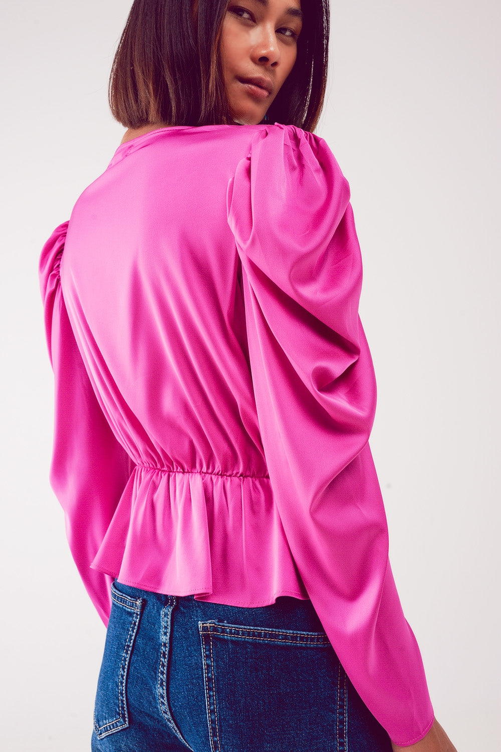 Asymmetric puff sleeve blouse in fuchsia - Shirts