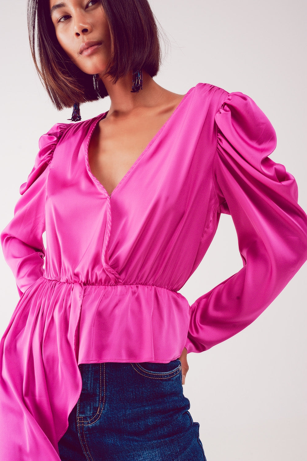 Asymmetric puff sleeve blouse in fuchsia - Shirts