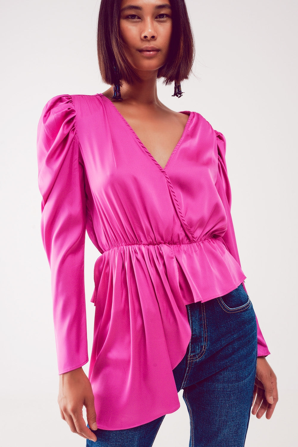 Asymmetric puff sleeve blouse in fuchsia - Shirts