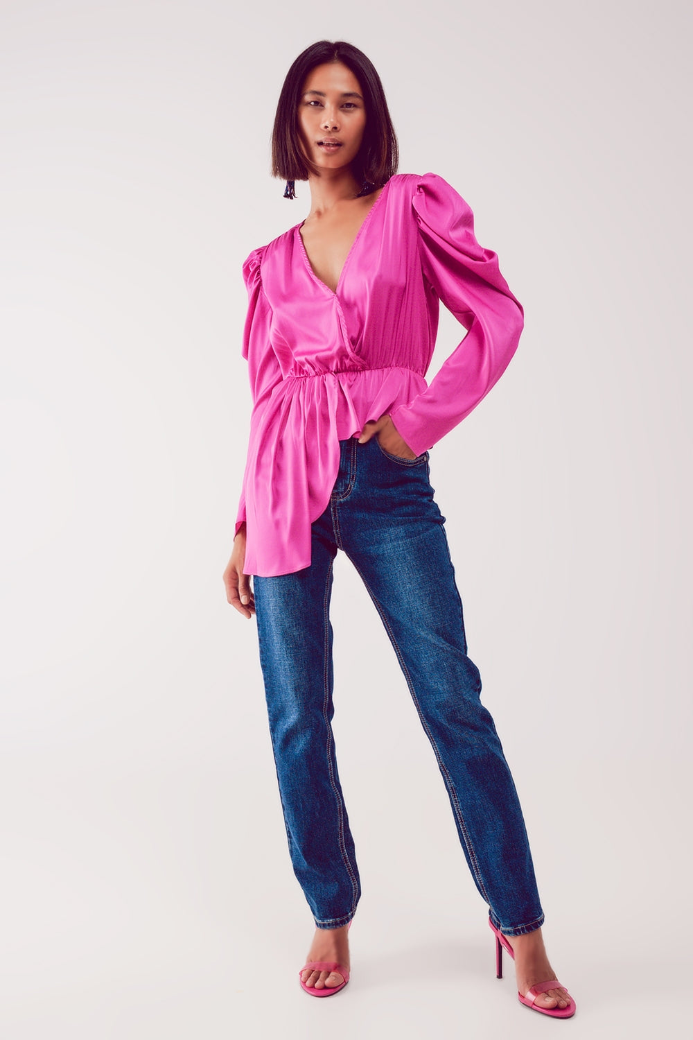 Asymmetric puff sleeve blouse in fuchsia - Shirts