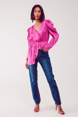 Asymmetric puff sleeve blouse in fuchsia